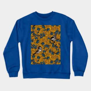 Chickadee birds on blueberry branches in yellow and mustard Crewneck Sweatshirt